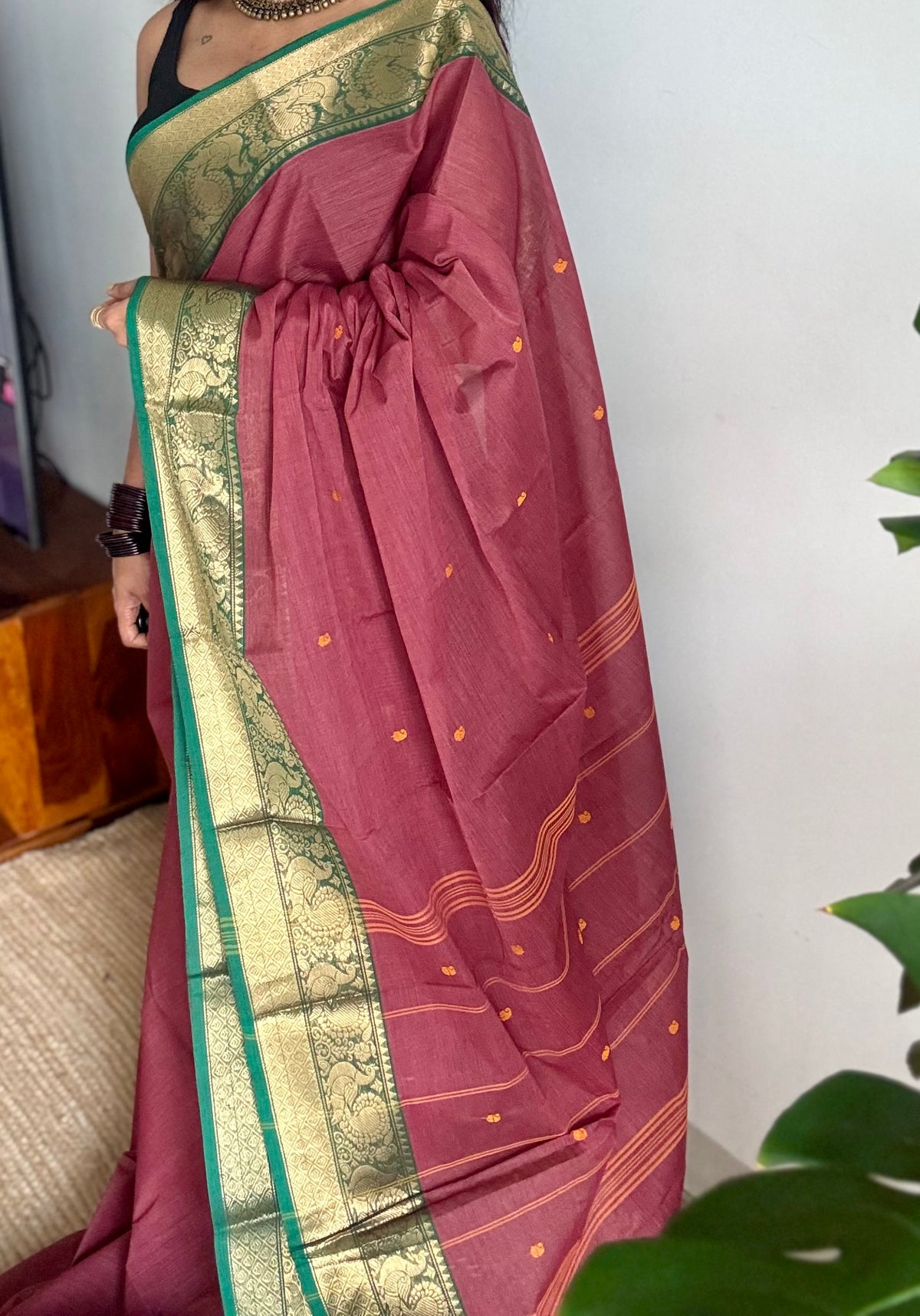 Terracotta red with green zari border kanchi cotton saree - YCCOTNCKSE18