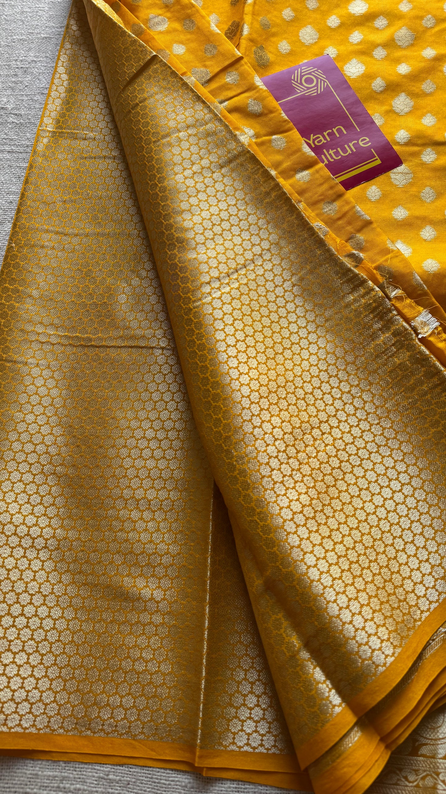 Orangish dark yellow, silver buttas and zari, Banarasi semi-silk - YCDESE35