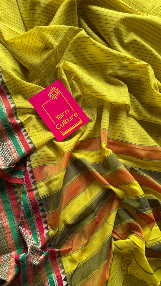 Ginger yellow premium narayanpet cotton with coloured motif border - YCWOTDNPNO85