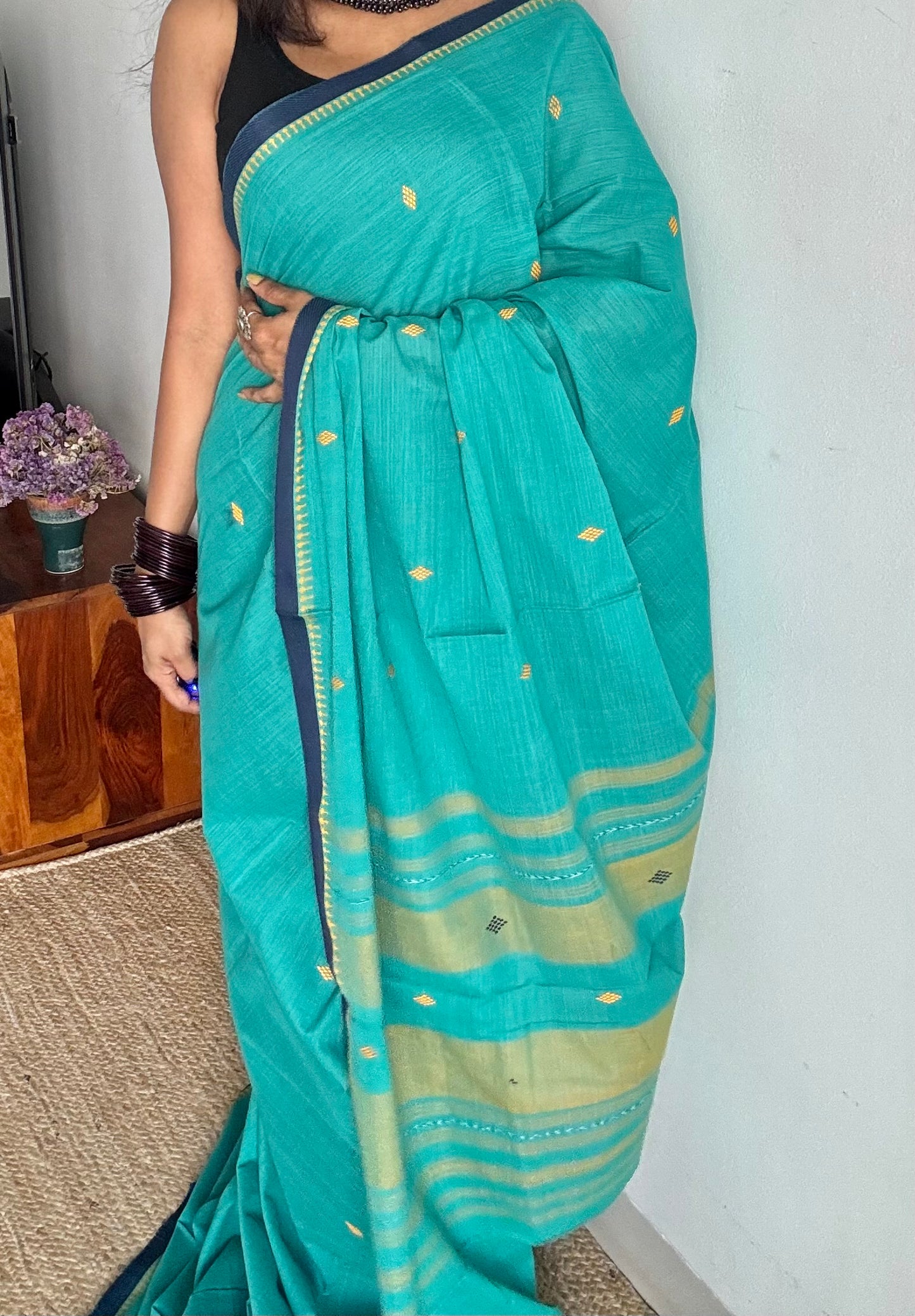 Dhonekhali handloom soft cotton saree, aqua blue with dark blue border and yellow woven buttas - YCBCDFE250