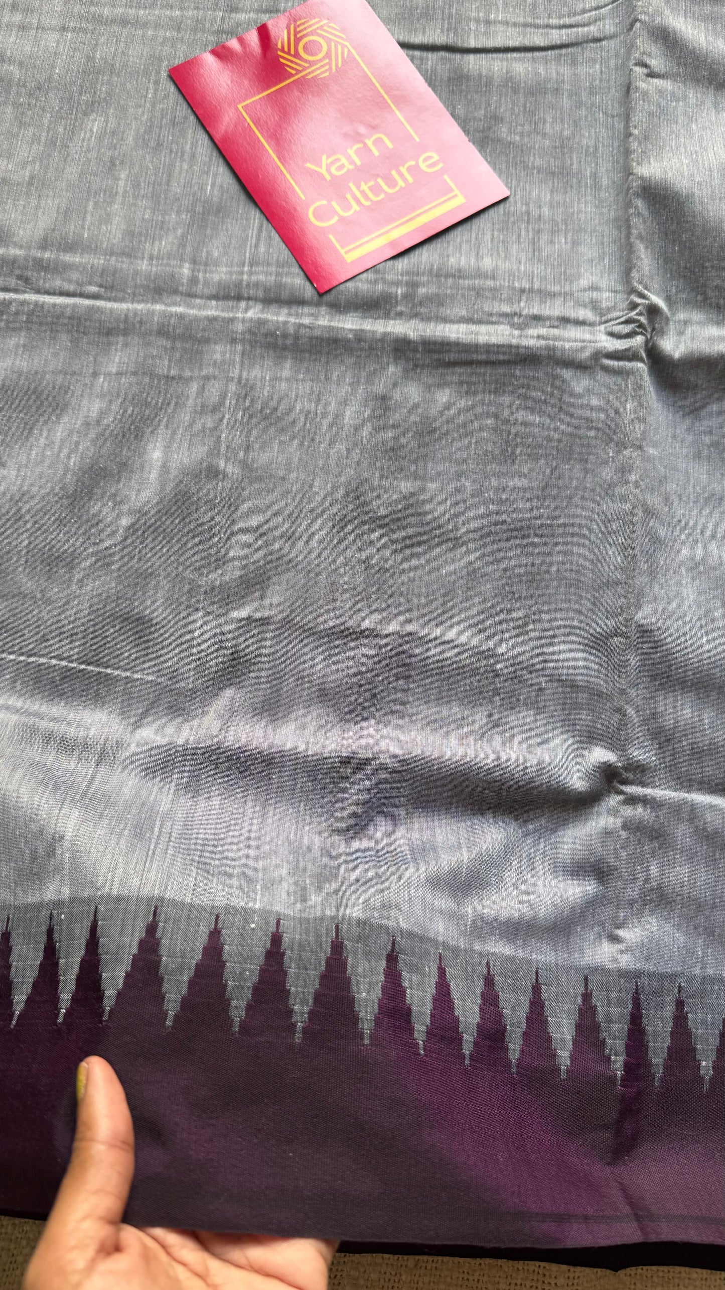 Grey with wine contrast, temple border saree, cotton silk - YCCOTNTBFE59