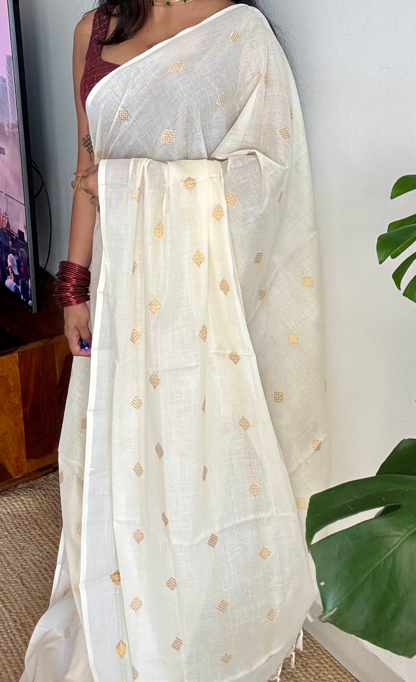 Ivory and gold kerala saree with woven buttas - YCIEON42
