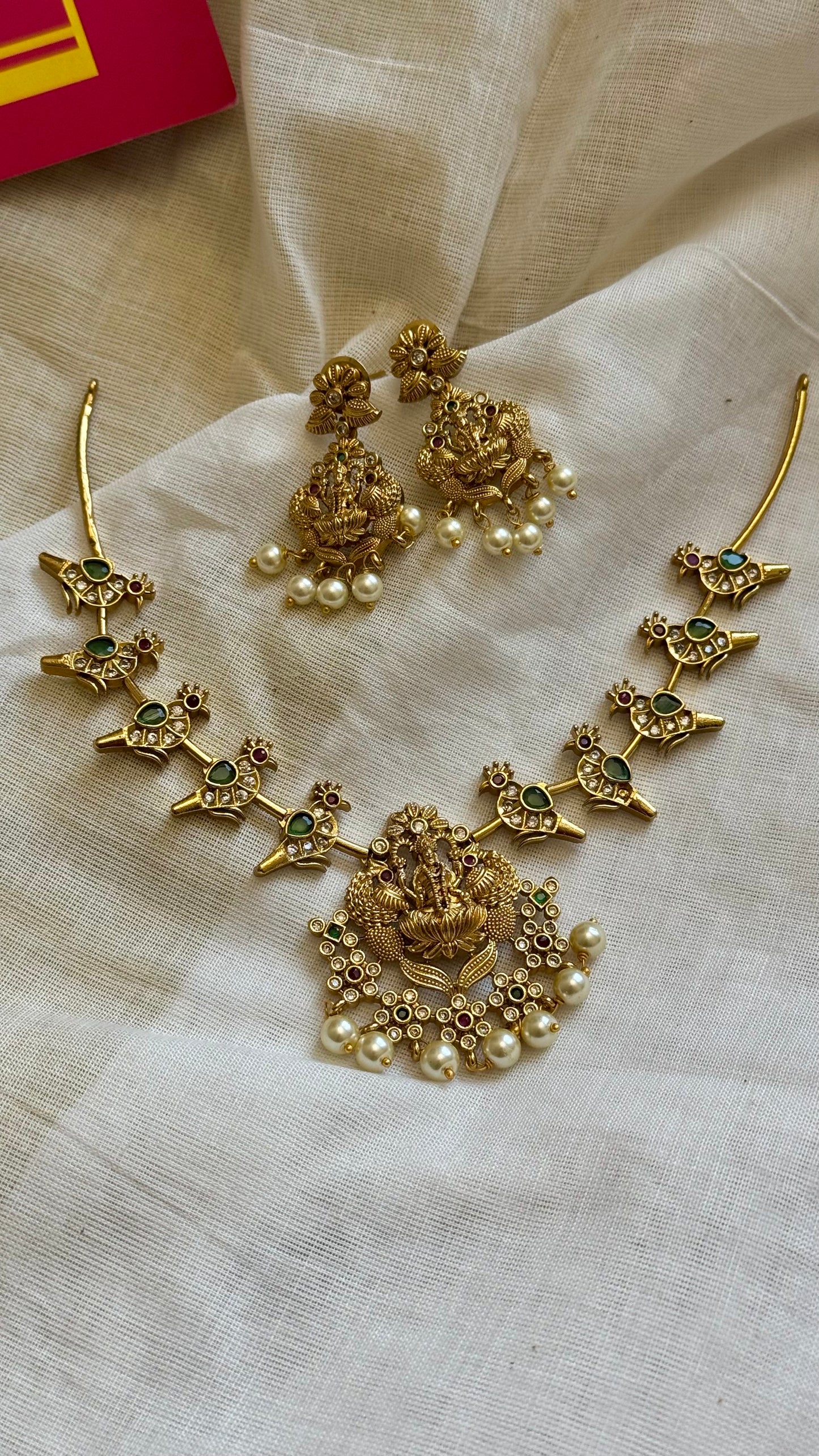 Green white ruby stones parrot hasli, Lakshmi pendant, with earrings - YCGPNP618