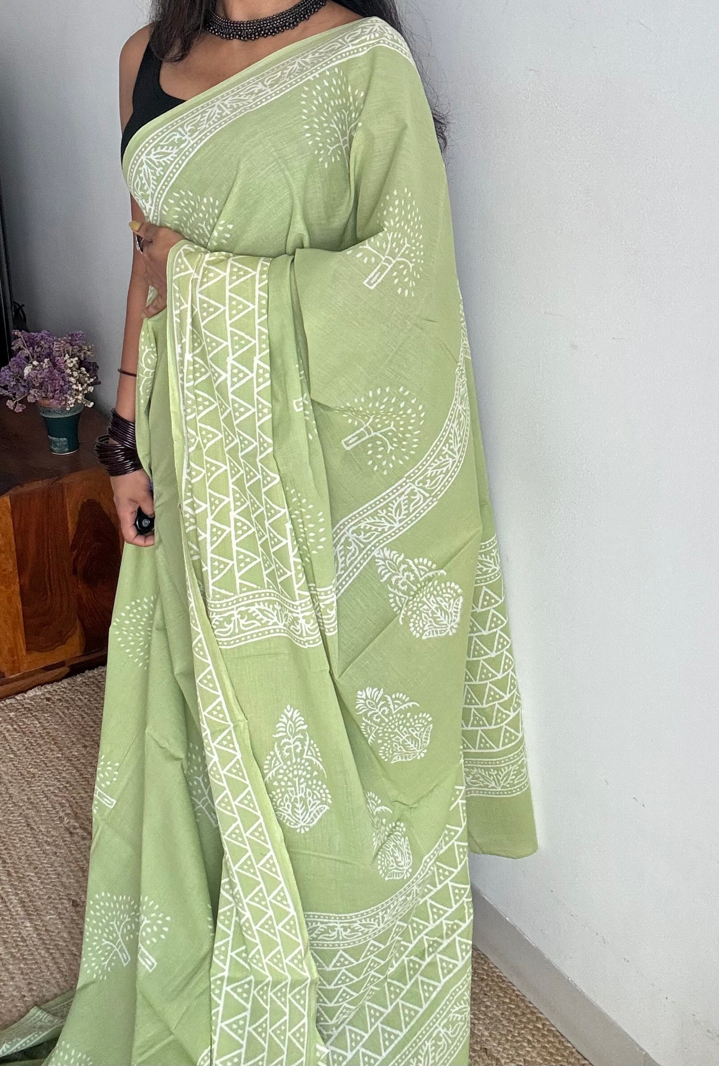Pista green with off white tree motifs, block printed soft cotton saree - YCTORCMA19