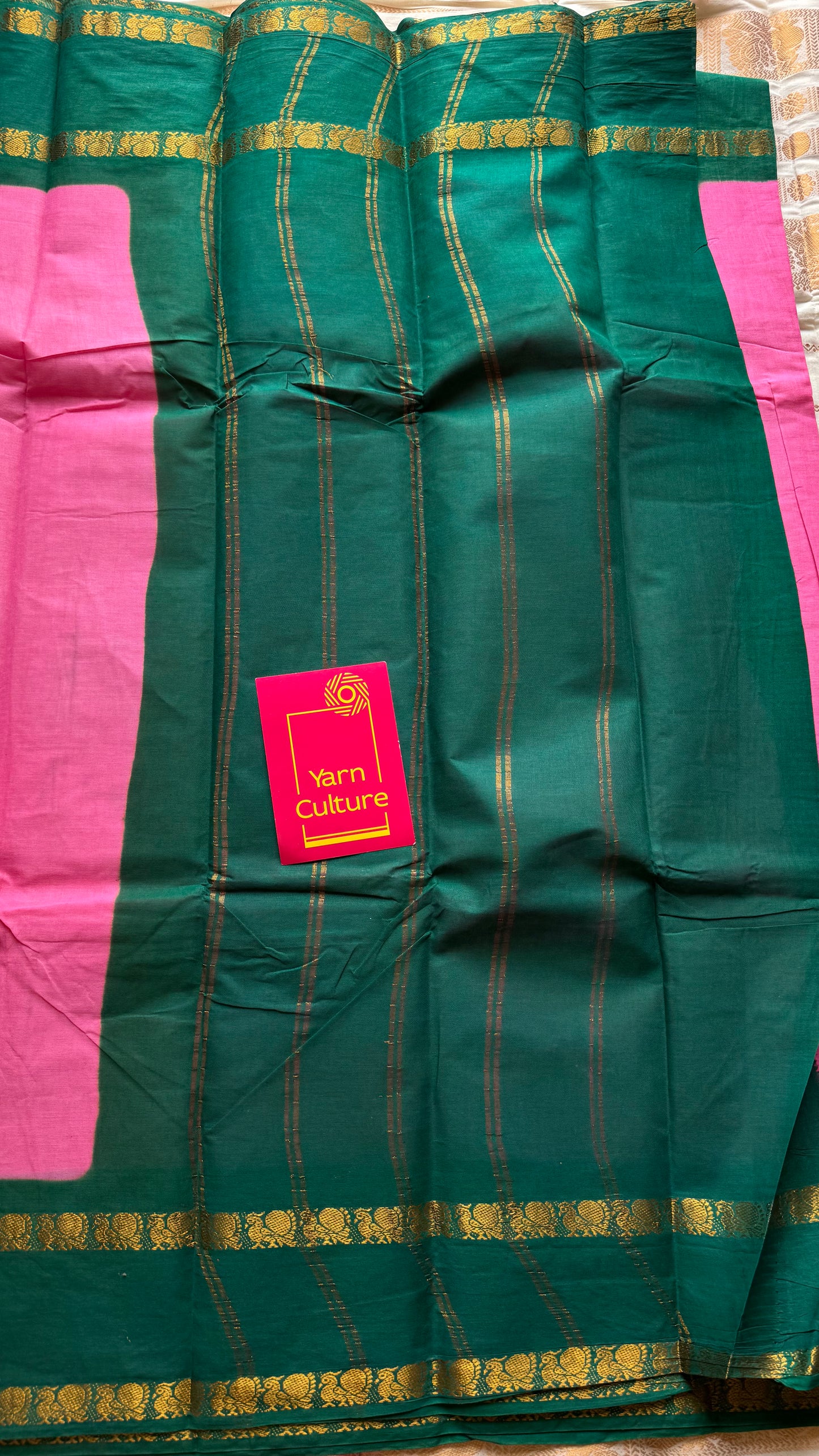 Pink with bluish green rettaipettu peacock double border, madurai soft cotton - YCCOTNMSAP203