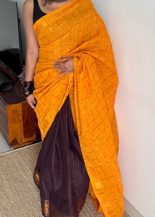 Yellow with purple brown, sungudi cotton half-half saree - YCCOTNMSFE350