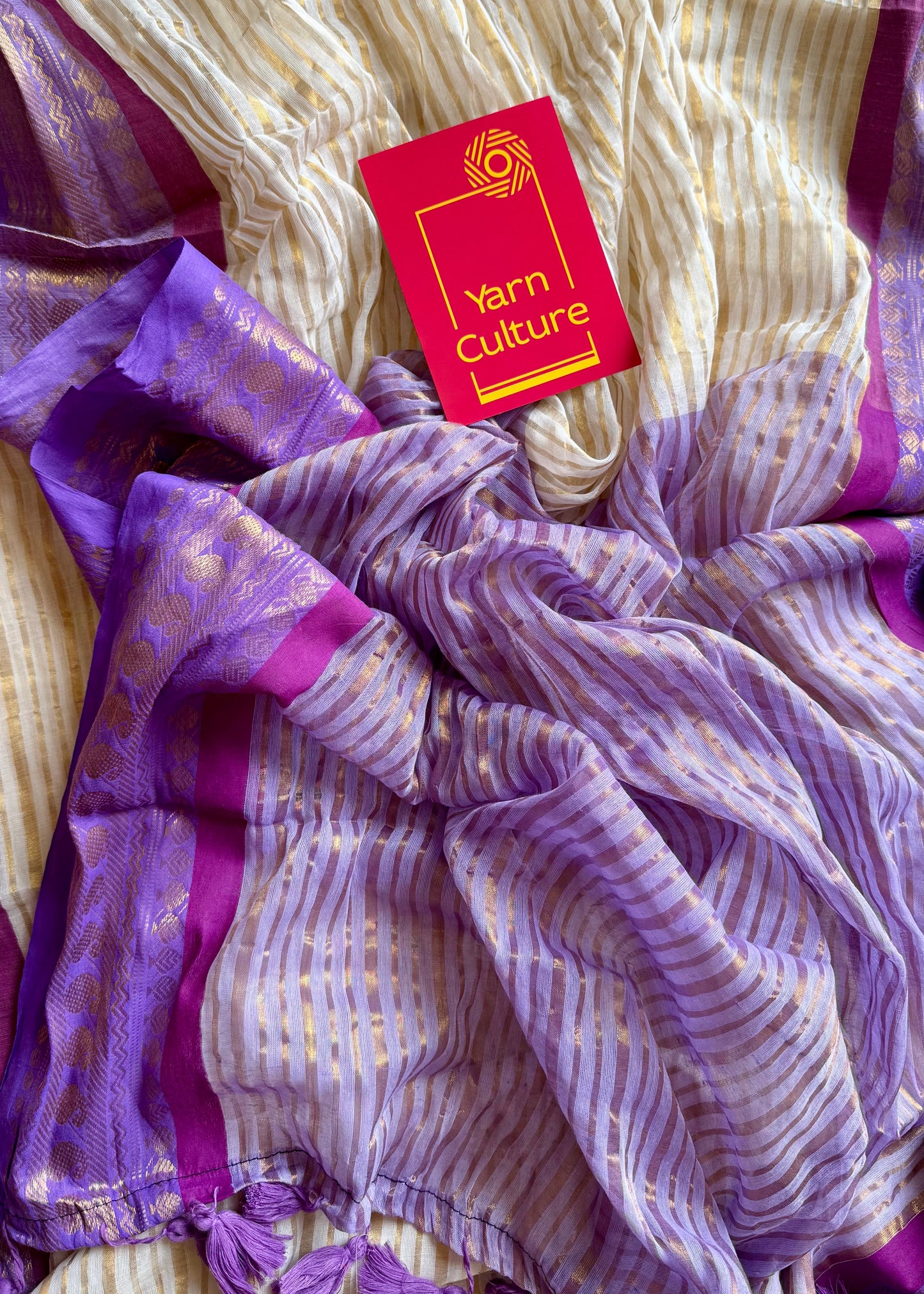Ivory mul saree, purple and gold - YCIEON33