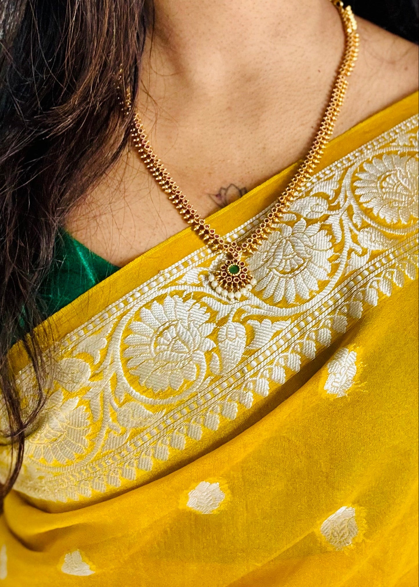 Long traditional kemp neckpiece with ruby & green stones, with earrings - YCGPNP678