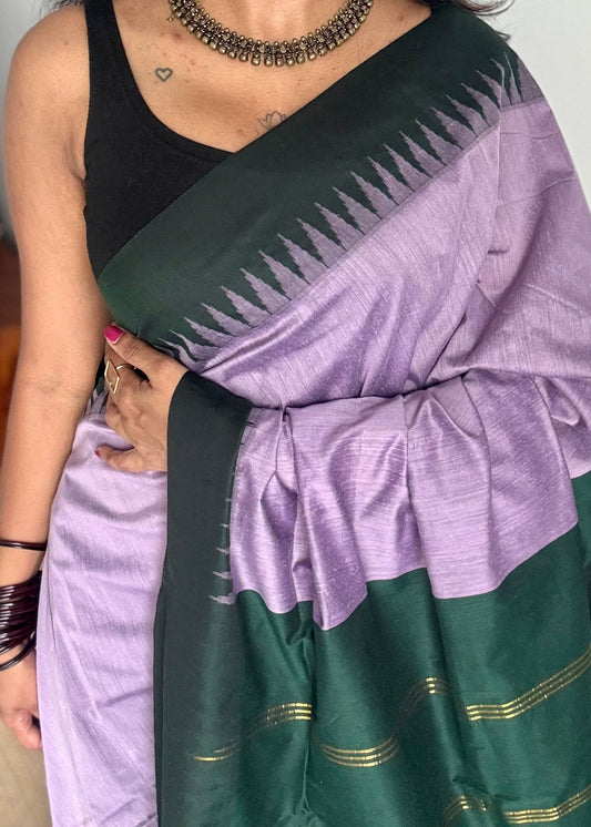 Lilac with dark green temple border - cotton silk - YCCOTNOCKCS7
