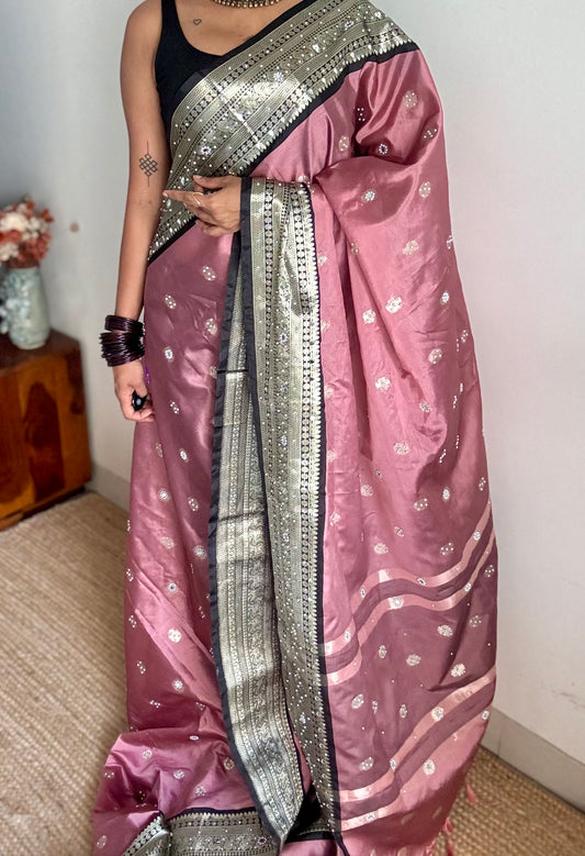 Dusty pink with black silver zari Banarasi semi-katan silk saree with pearl embellishments - YCBLTOC92