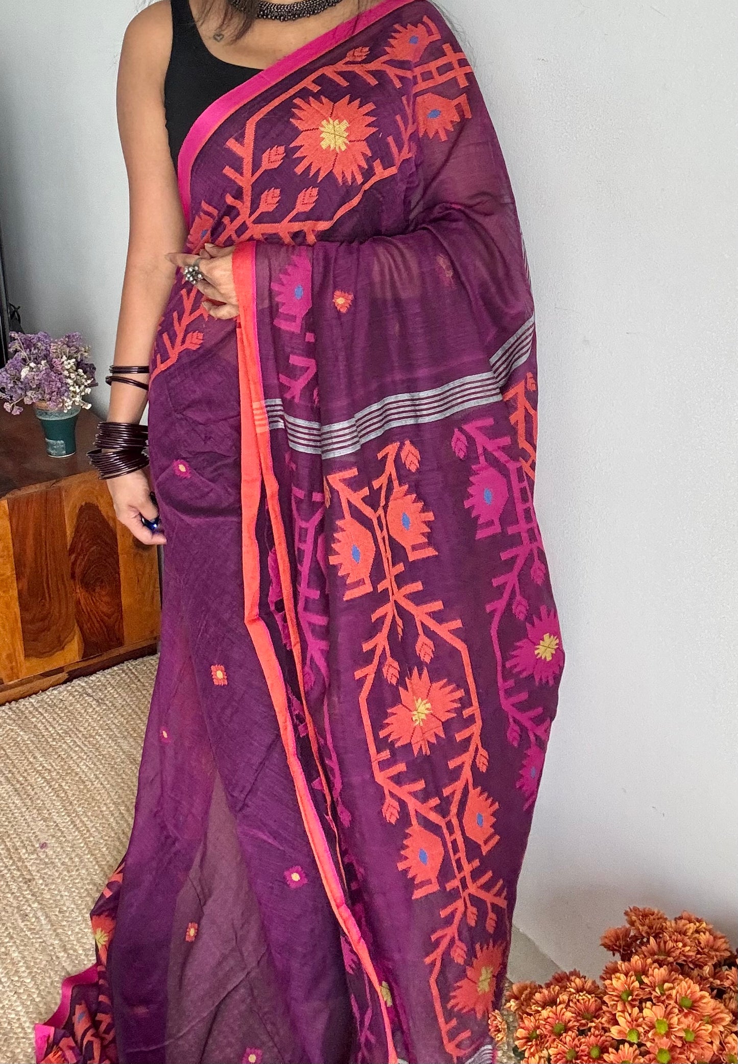 Purple with pink and orange jamdani saree in mul cotton - YCBCJDFE384