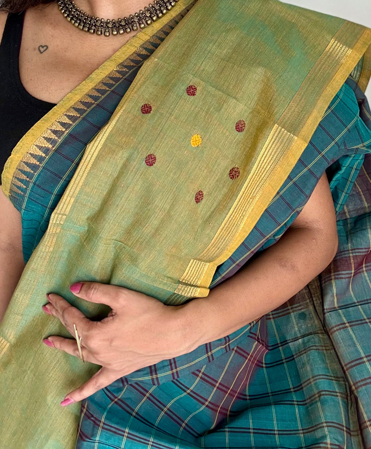 Dark teal and light green contrast, checkered Chettinad cotton saree - YCCOTNMA269
