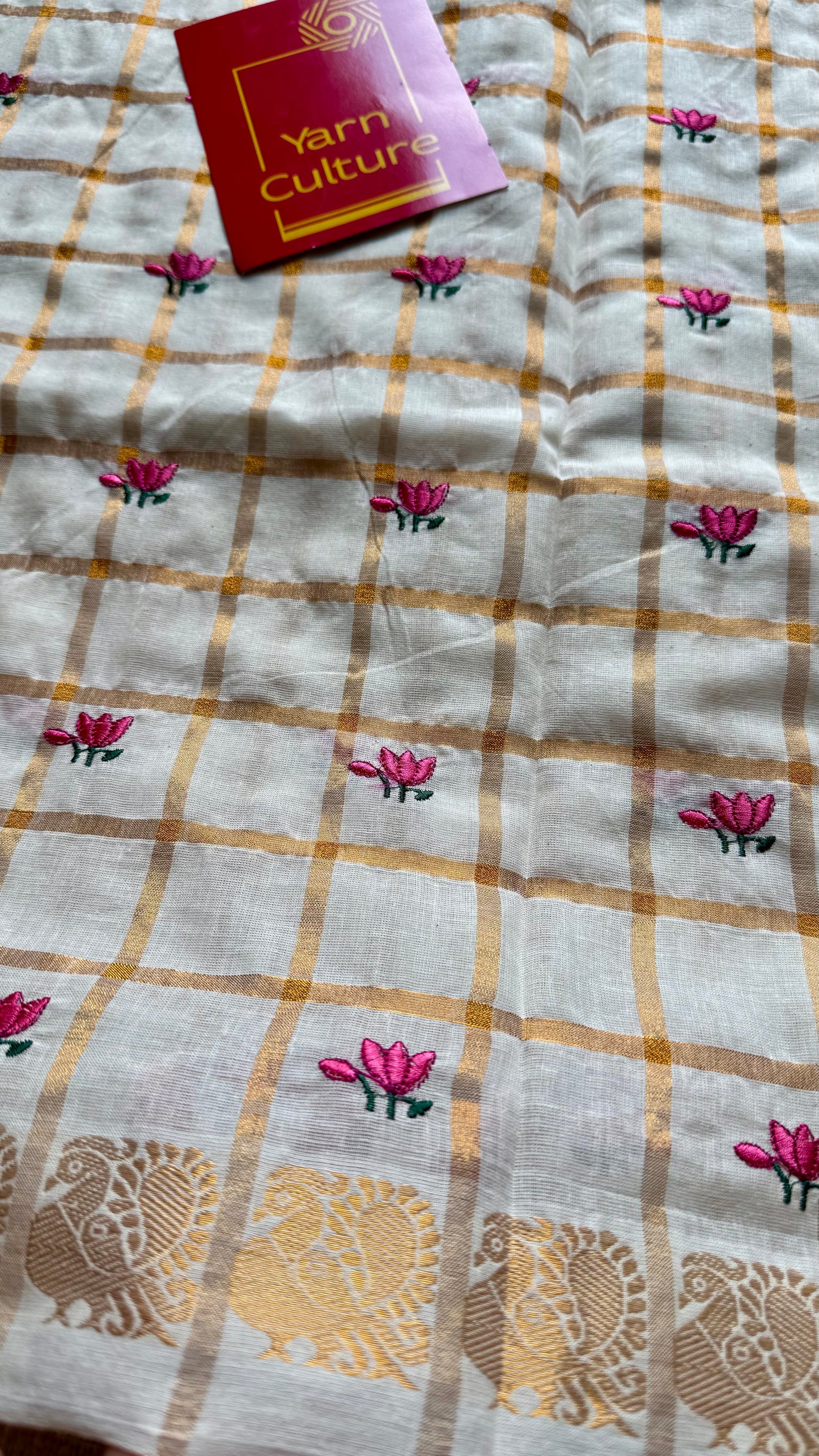 Sradha : Thaamara Kattam - pink lotus embroidery, ivory & gold, soft cotton - YCIEON167