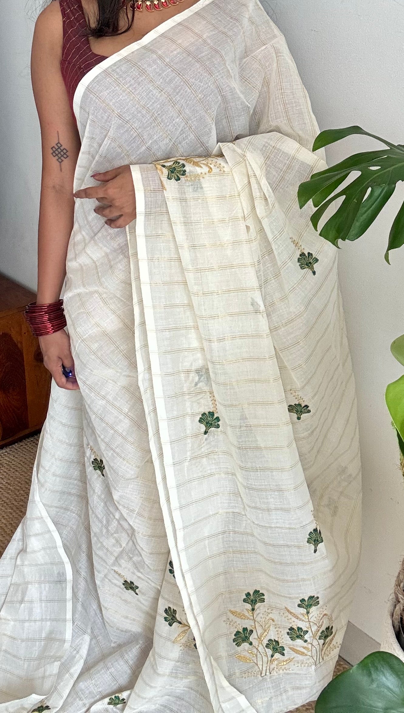 Ivory and gold soft cotton saree, dark green floral embroidery  - YCIEON51