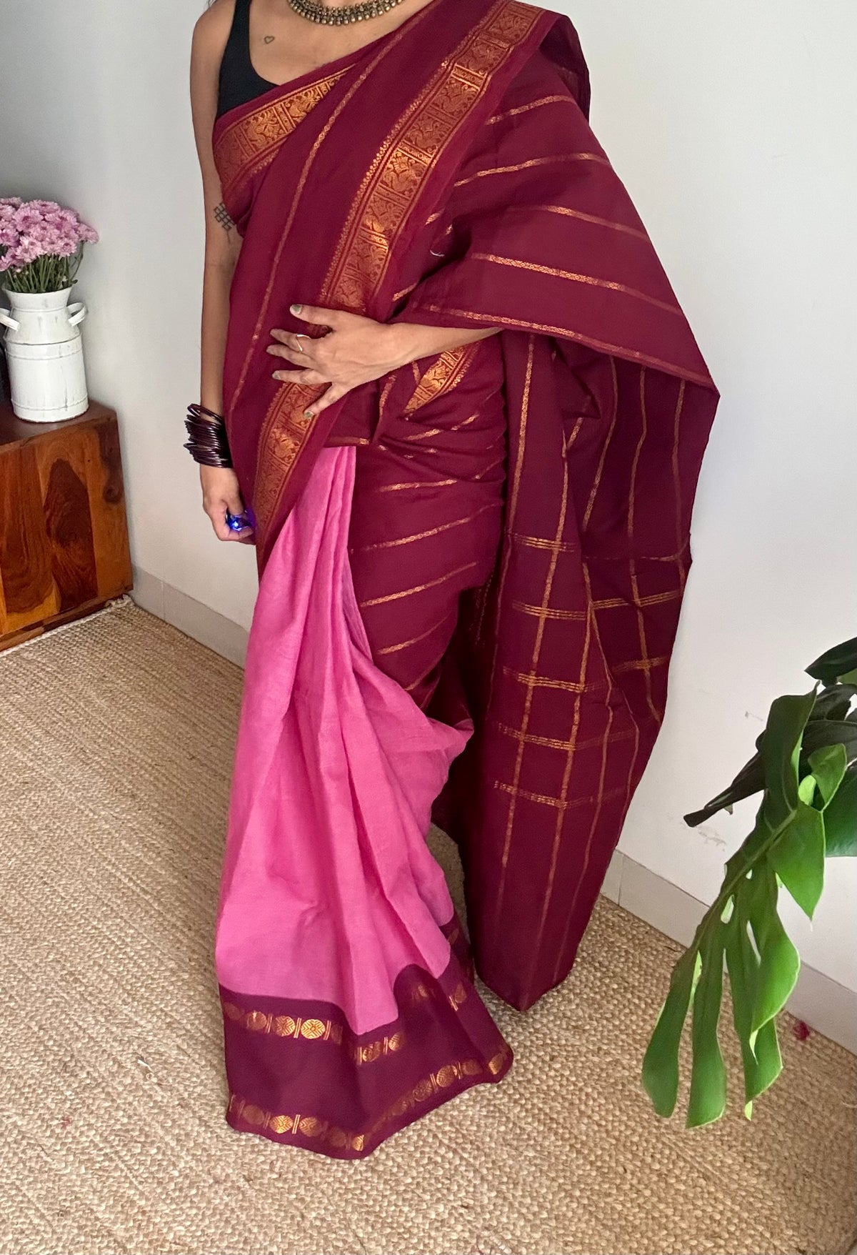 Maroon with dusty pink, cotton half and half saree - YCCOTNIDOC151