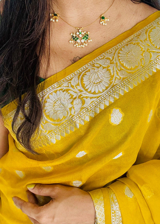 Invisible neckchain with jadau kundan stones & pearl hangings - green, white - YCGPNP693