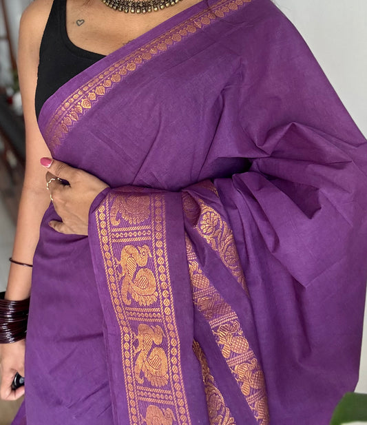 Purple long border sungudi, kattuchayam dyed madurai cotton - YCCOTNMSAP133