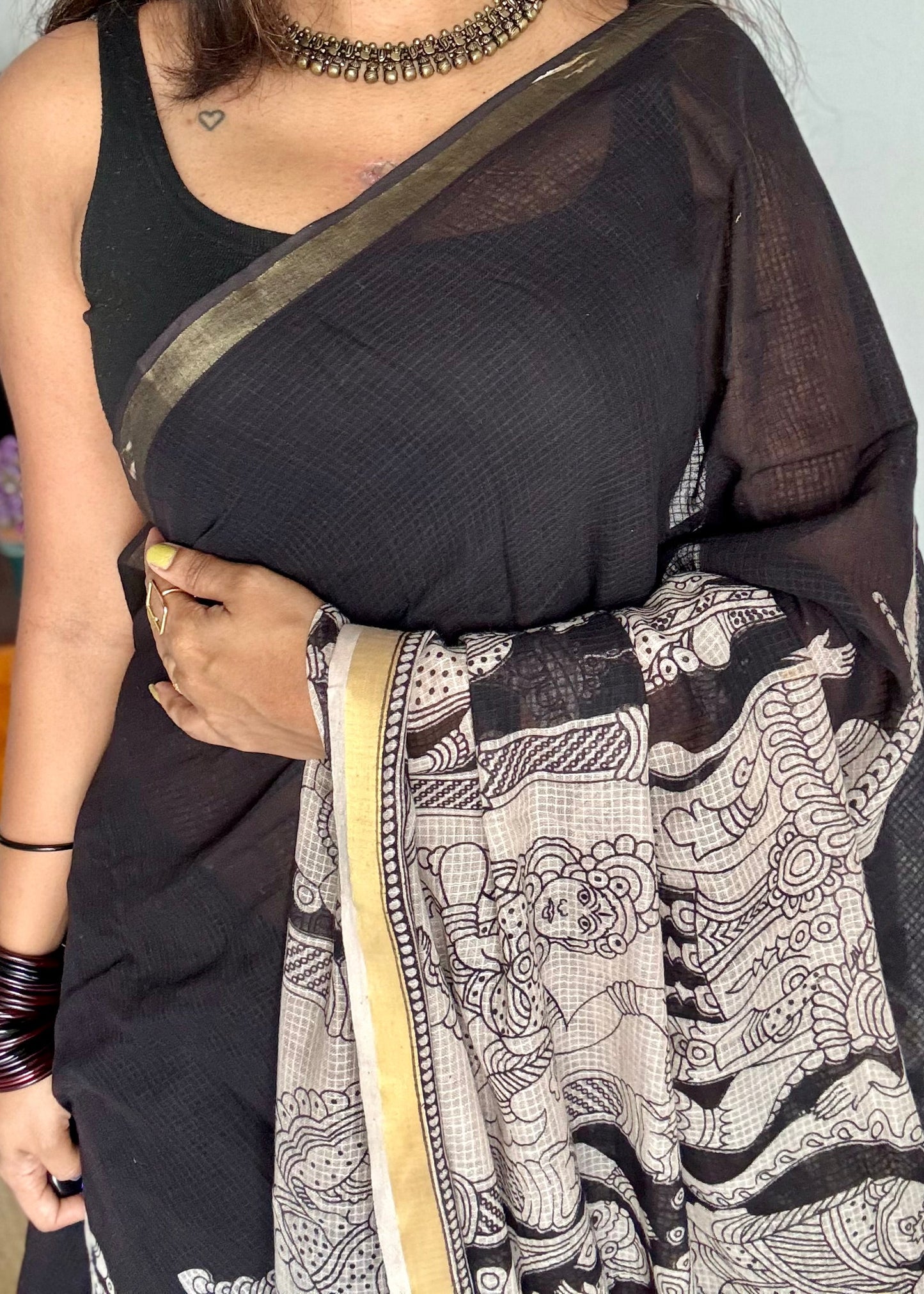 Black cream kalamkari saree in kota, with zari border - YCWOTDKKFE15