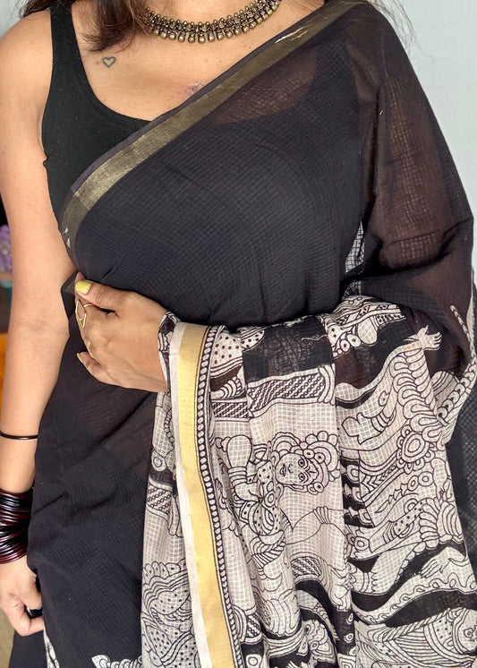 Black cream kalamkari saree in kota, with zari border - YCWOTDKKFE15