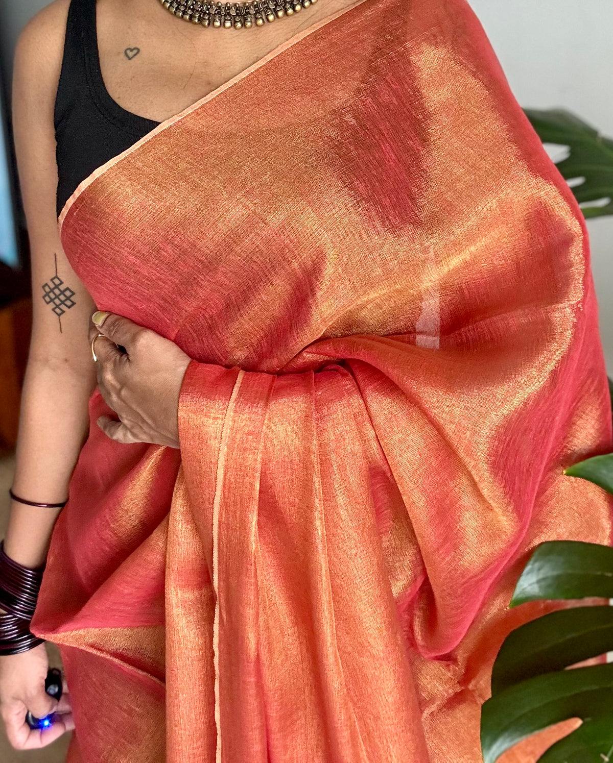 Orange with gold, dual tone metallic tissue linen saree - YCBCLTOC58