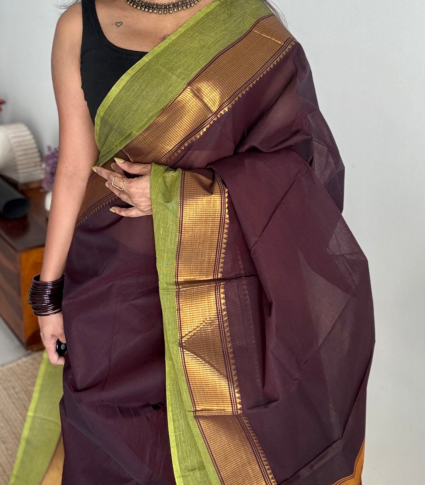 Chettinad cotton saree in brown with green and gold border - YCCOTNJUCC09