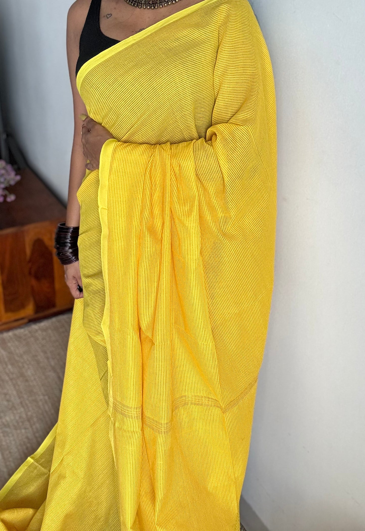 Yellow, gold zari stripes, soft cotton - YCBCSKZS09