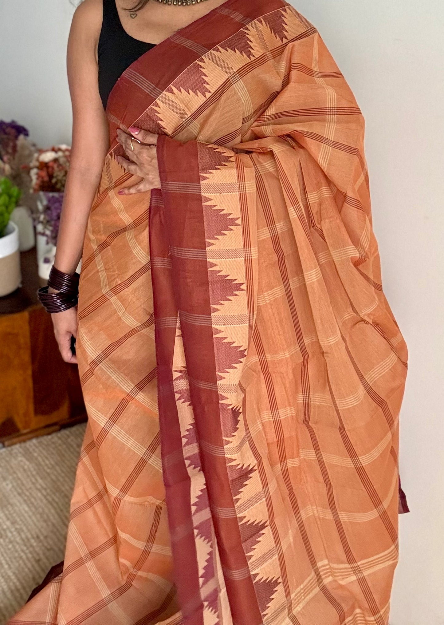Chettinad cotton saree with light brown and dark brown checks, temple motif border - YCCOTNAP71