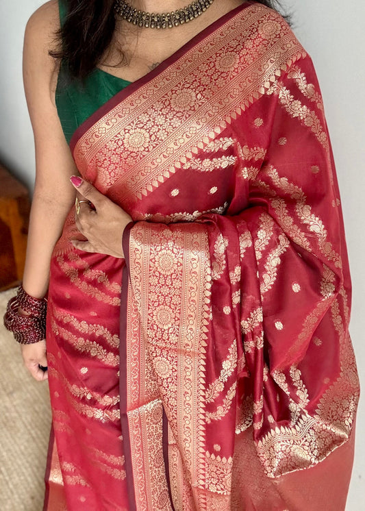 Maroon floral zari, Banarasi semi-georgette - YCDESE13