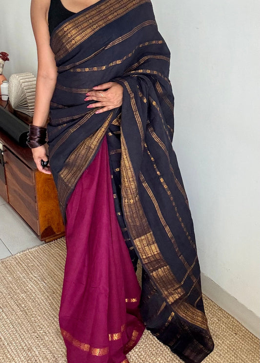 Black and dark vadamalli (purple pink), sungudi cotton half-half saree - YCCOTNIDMA296