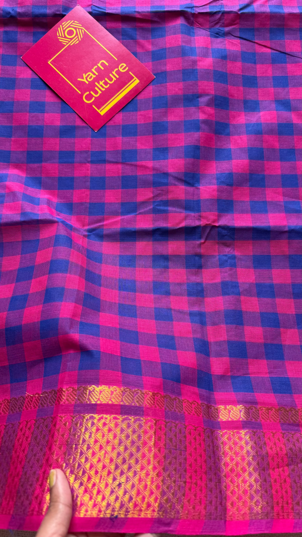Chettinad cotton saree with purple pink and blue checks, zari motif border - YCCOTNCKSE45