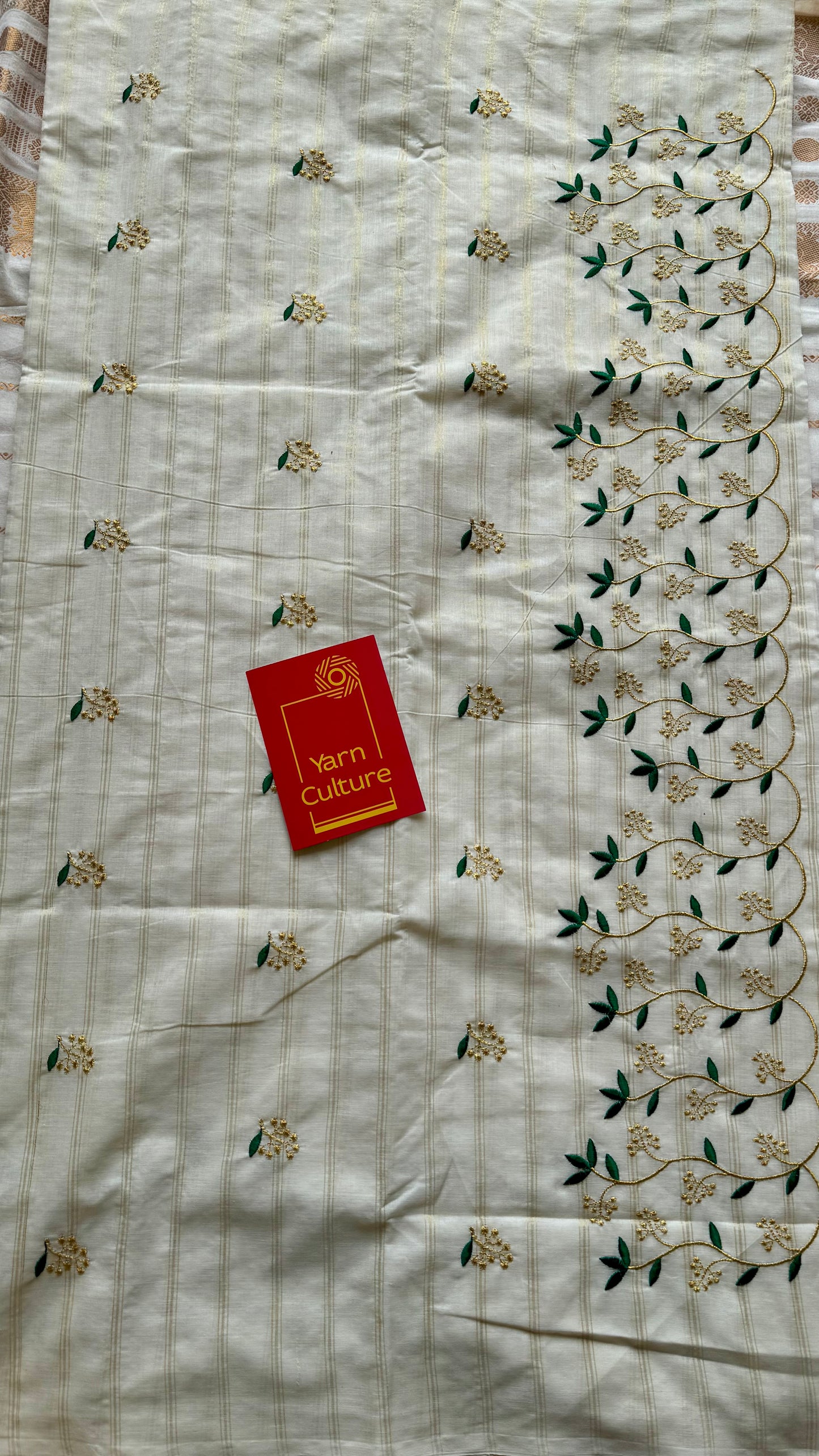 Ivory and gold soft cotton saree, dark green floral vine embroidery  - YCIEON57