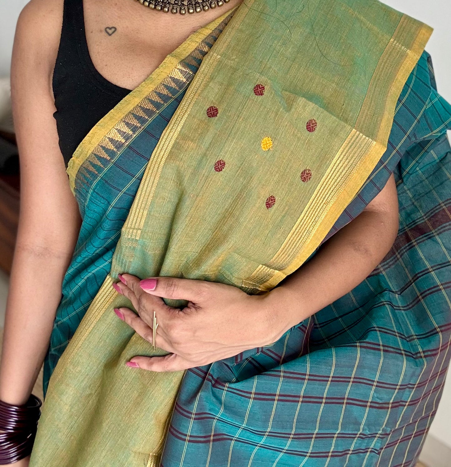 Dark teal and light green contrast, checkered Chettinad cotton saree - YCCOTNMA269
