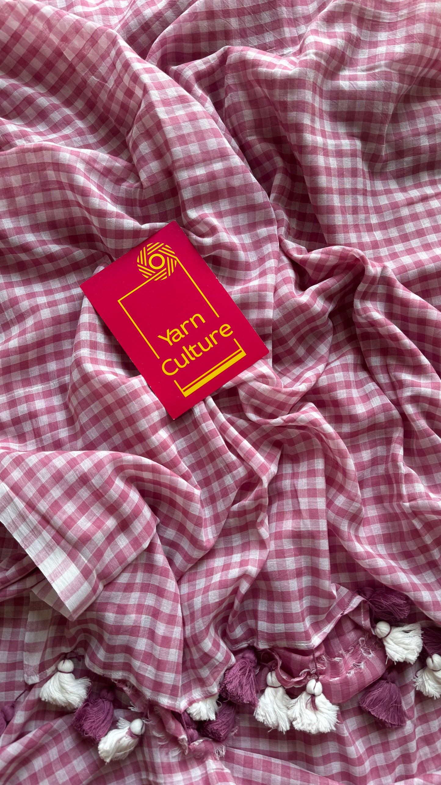 Mauve and white checkered mul cotton saree  - YCBCMCCMA31