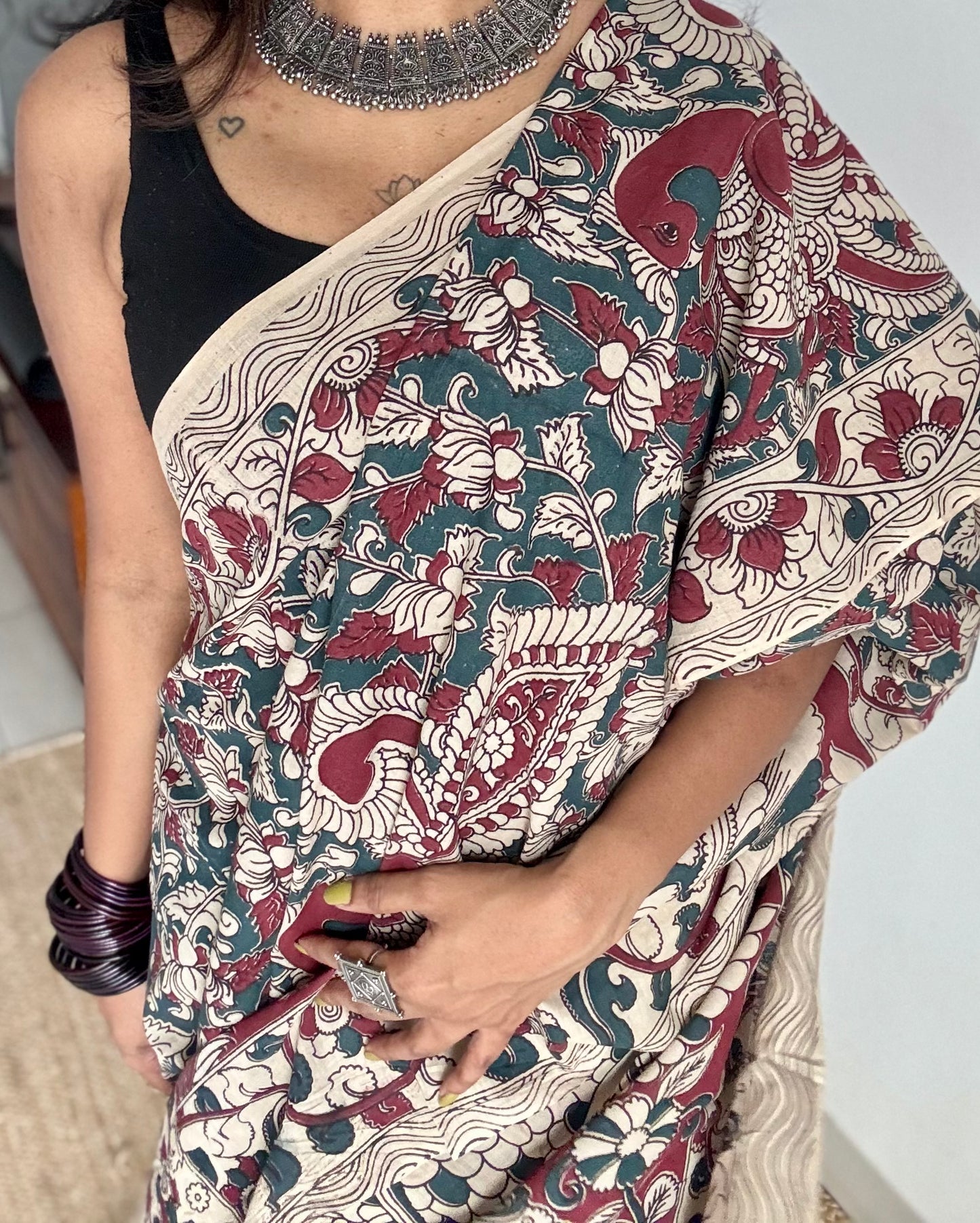 Bluish grey with beige and maroon kalamkari, floral vines, soft cotton - YCWOTDOCMP86