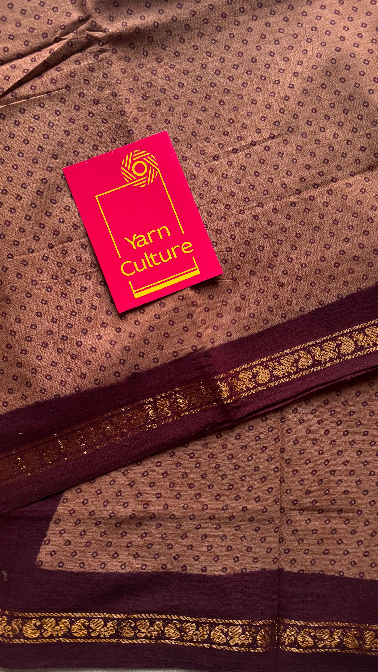 Madisar saree (9 yards) - Light brown with maroon, motif printed, kattuchayam dyed madurai sungudi cotton saree - YCCOTNMSFE79