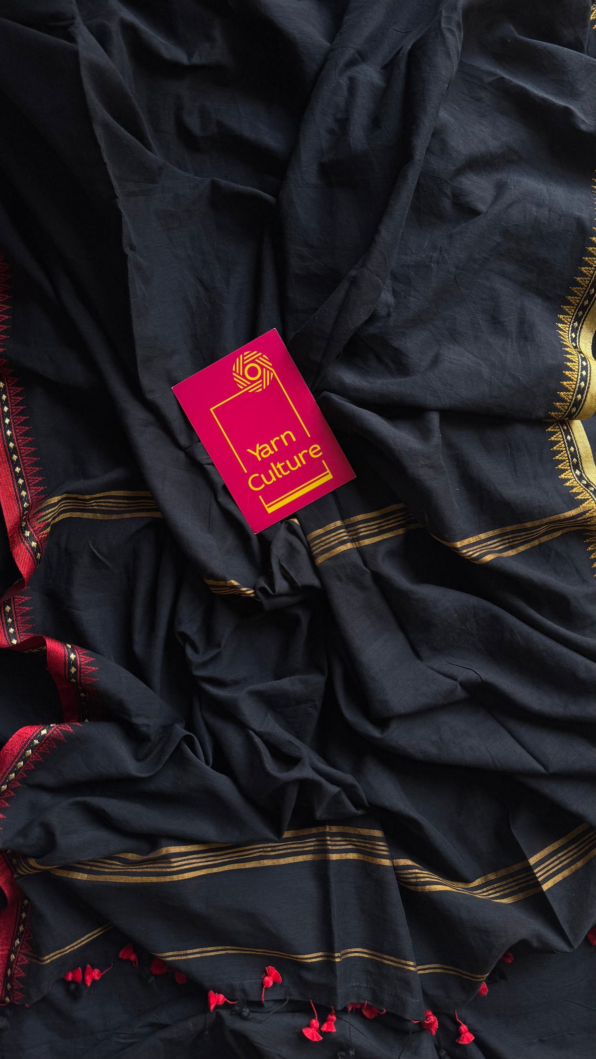 Handloom Bengal soft cotton saree, black with cream and red woven dual tone borders - YCBCMCSE42