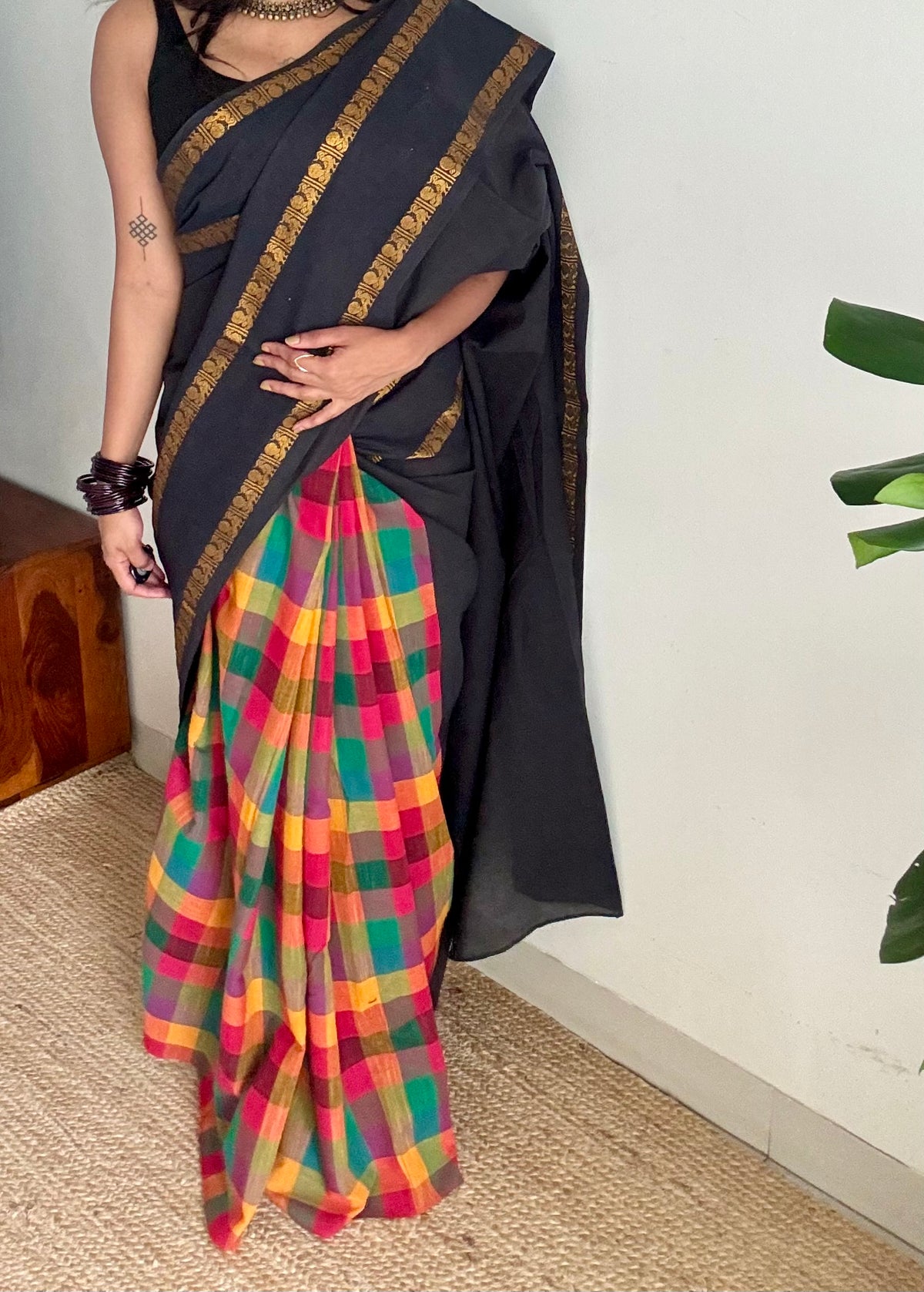 Plain black with multicoloured checks, cotton half-half saree - YCCOTNIDOC43
