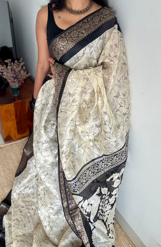 Off white and black, printed kalamkari, bird motif, semi-tussar - YCWOTDSTK06
