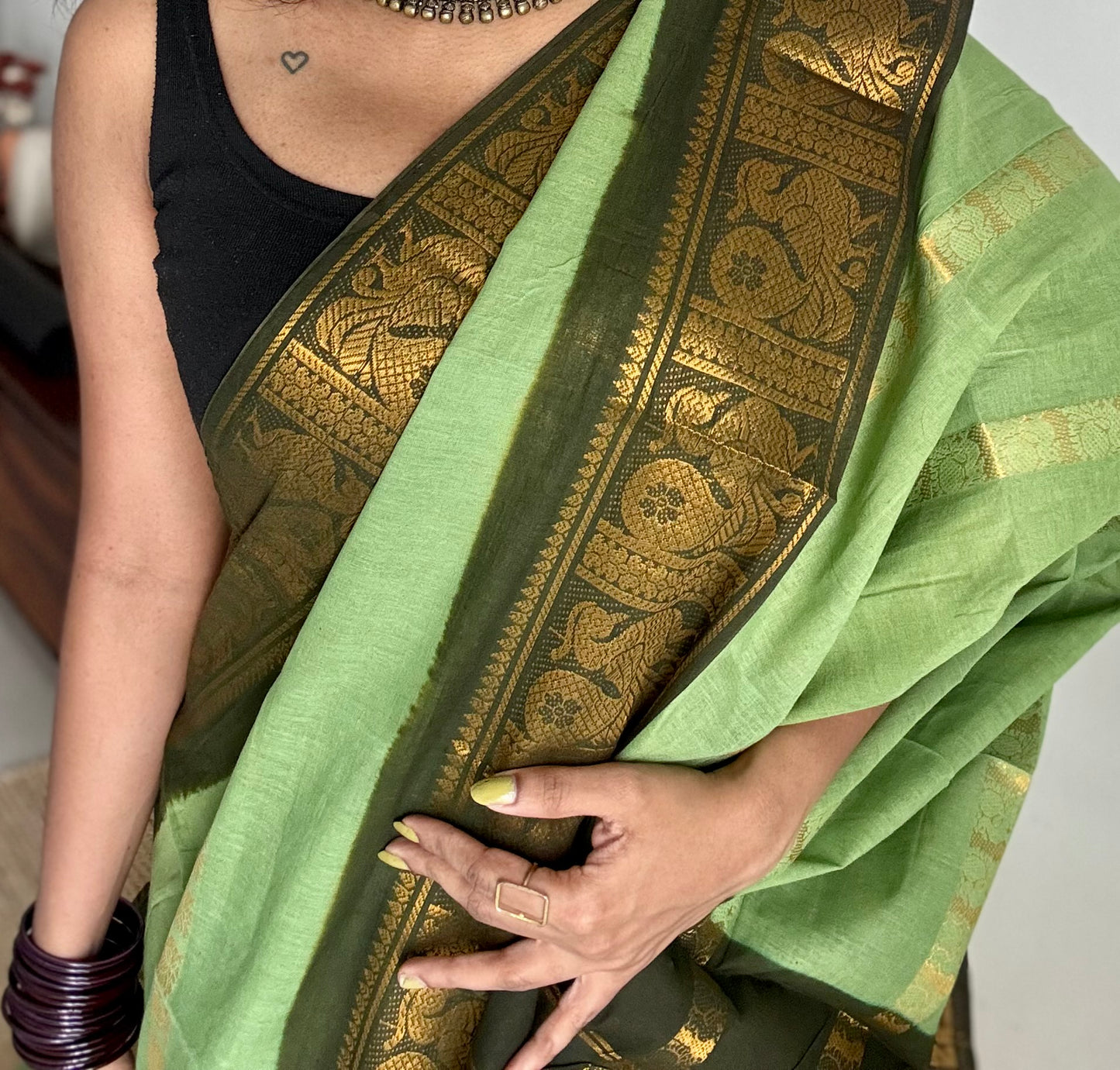 Light pista green with dark green, multi peacock motif lines, kattuchayam dyed sungudi cotton - YCCOTNJUCC13