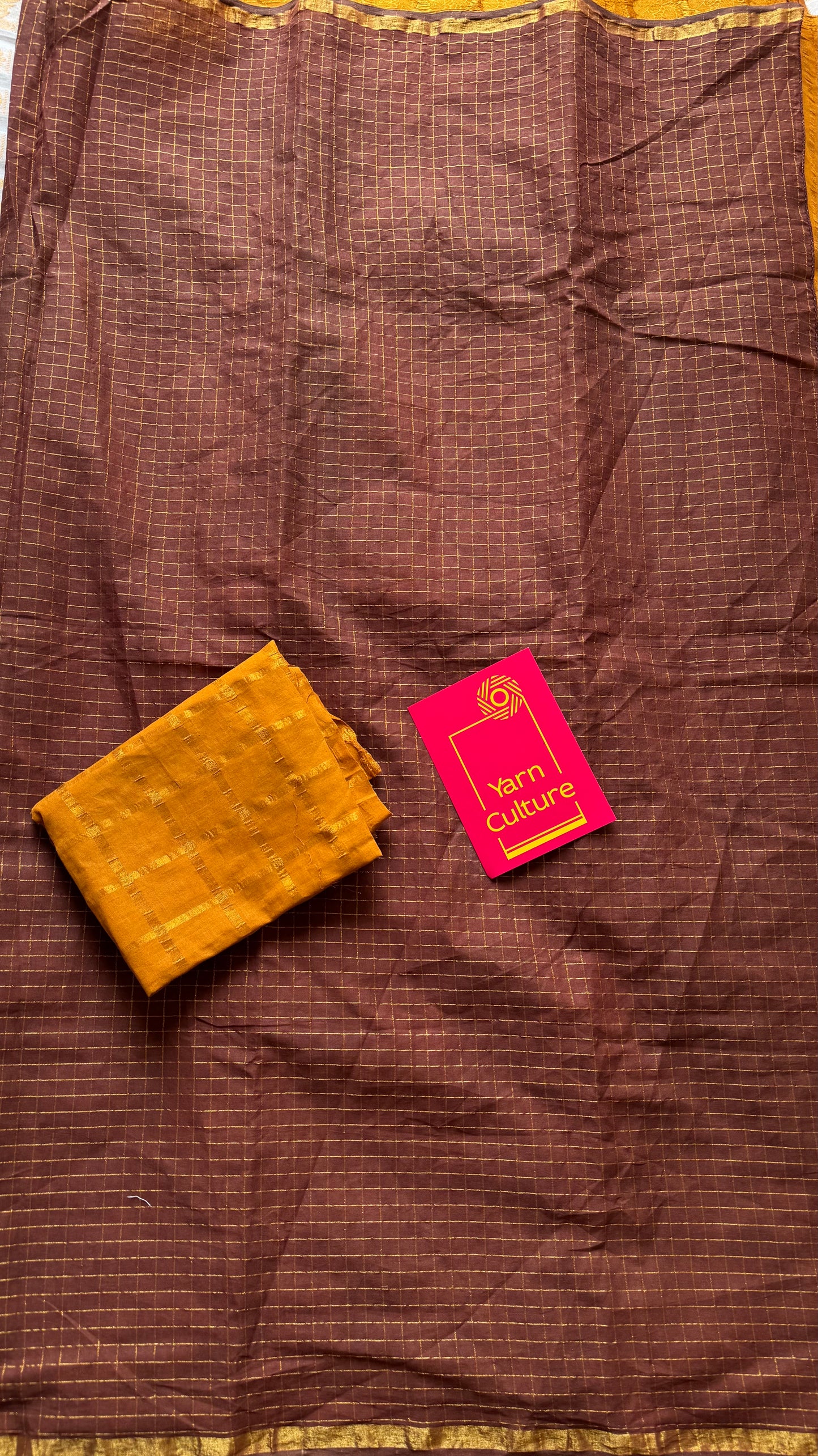 Brown with turmeric yellow, sungudi cotton half-half saree - YCCOTNIDMA315