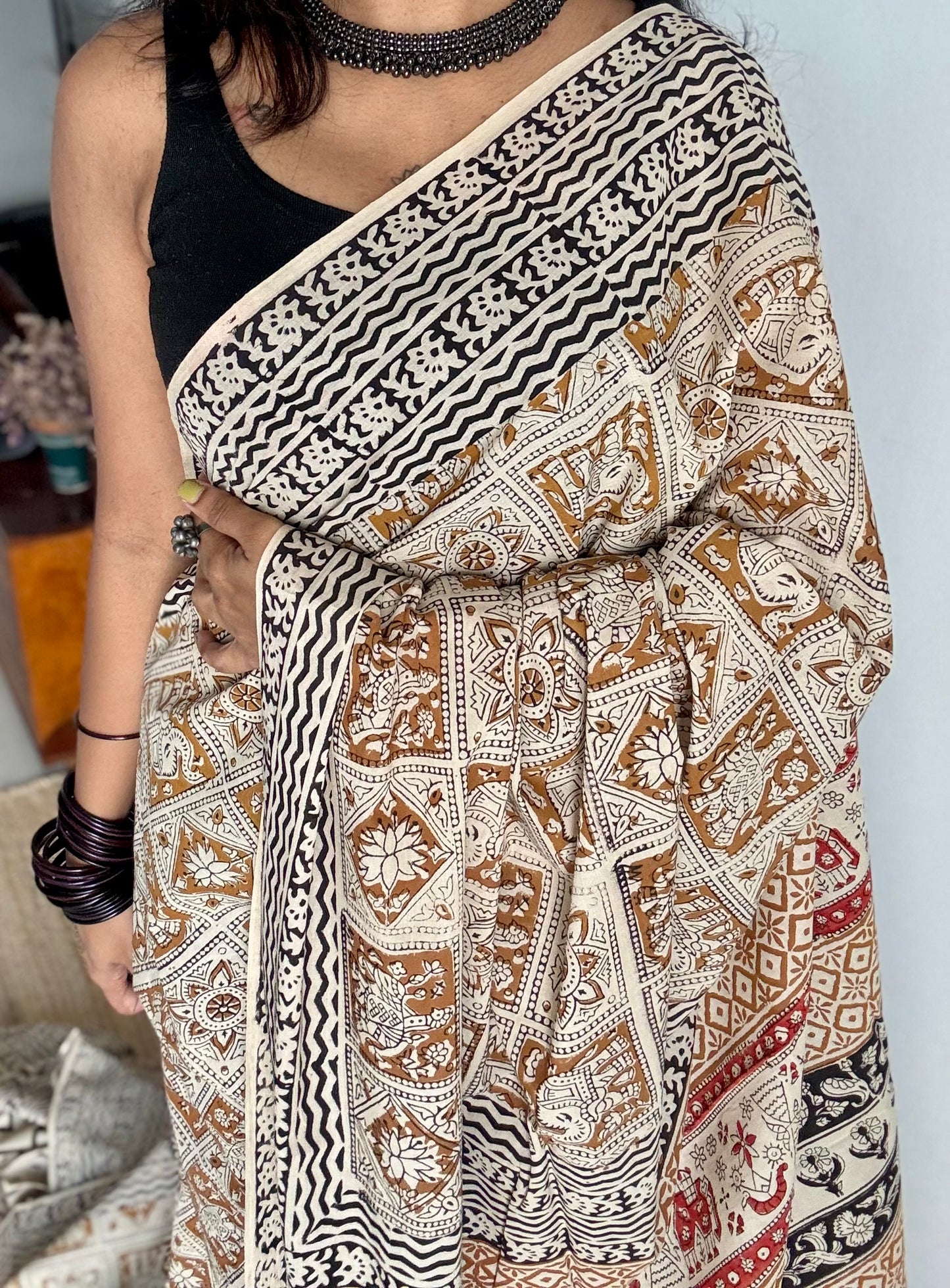 Katha - elephants, florals, and geometric tales block printed on earthy brown, soft cotton - YCWOTDNOBP92