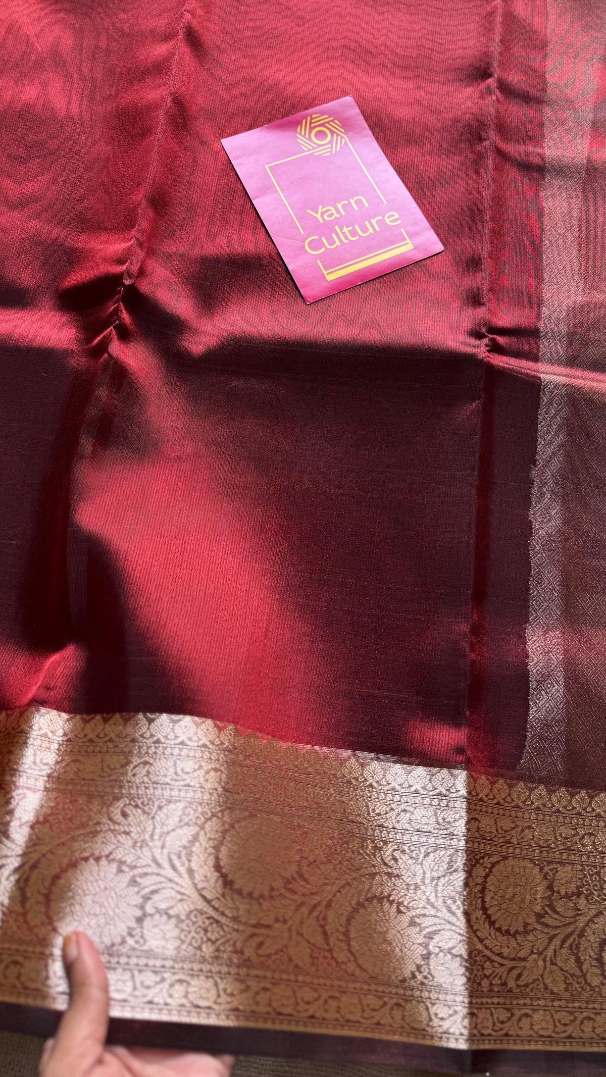 Dark red tissue Banarasi saree with zari border - YCBLTOC84