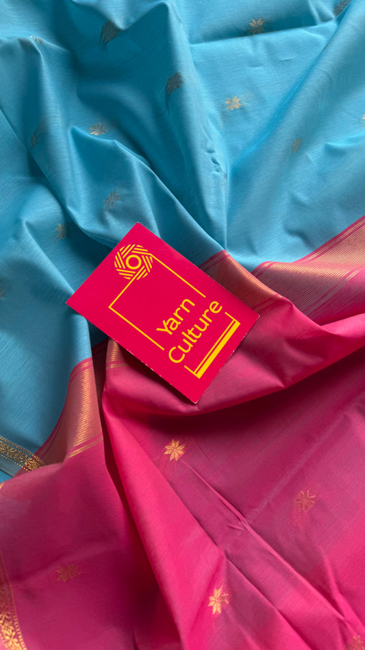 Sky blue with pink, gold buttas, semi maheshwari cotton silk - YCCOTNFEJUSM06