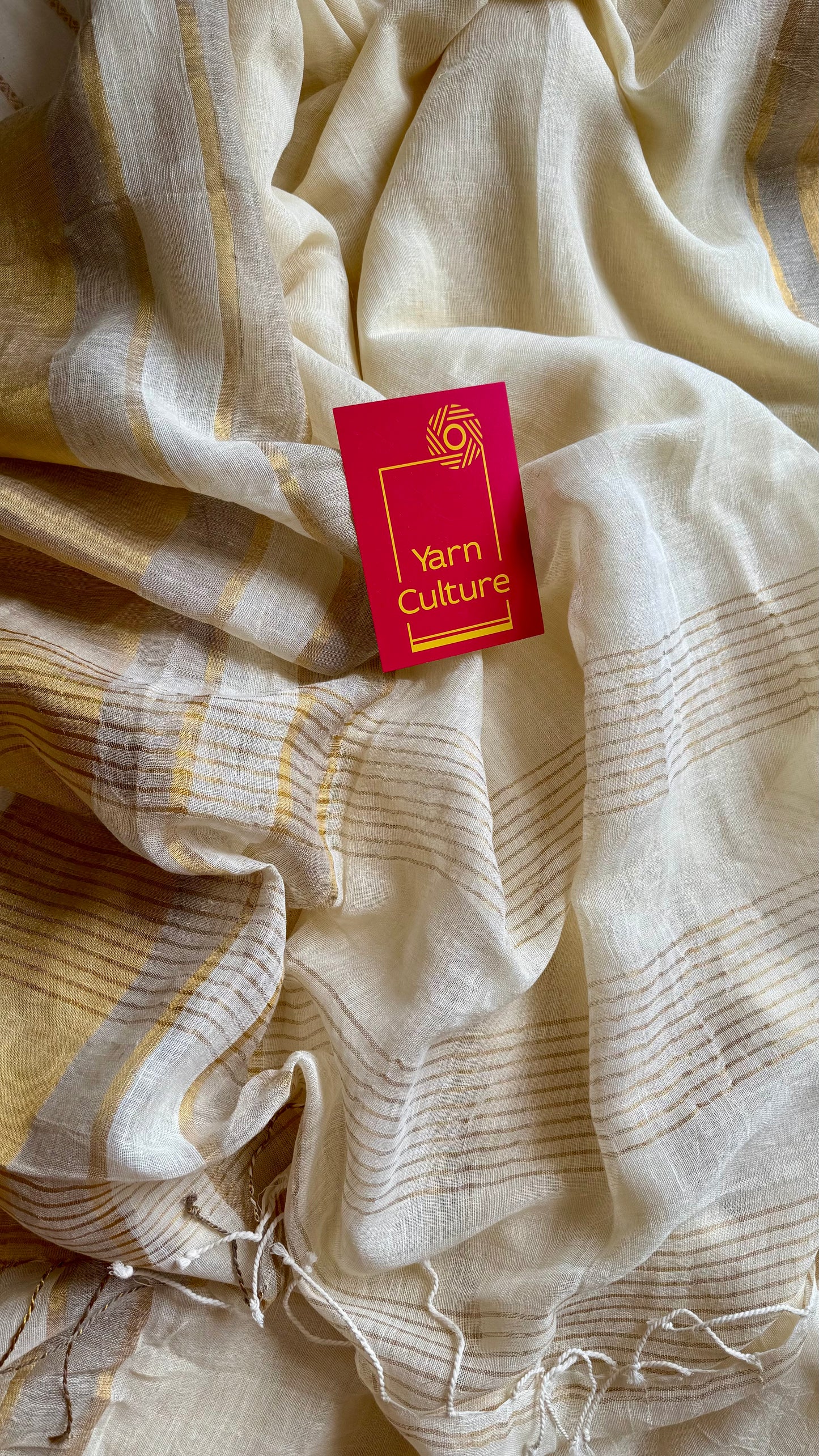 Pure ivory linen, gold and silver zari border - YCIEON27
