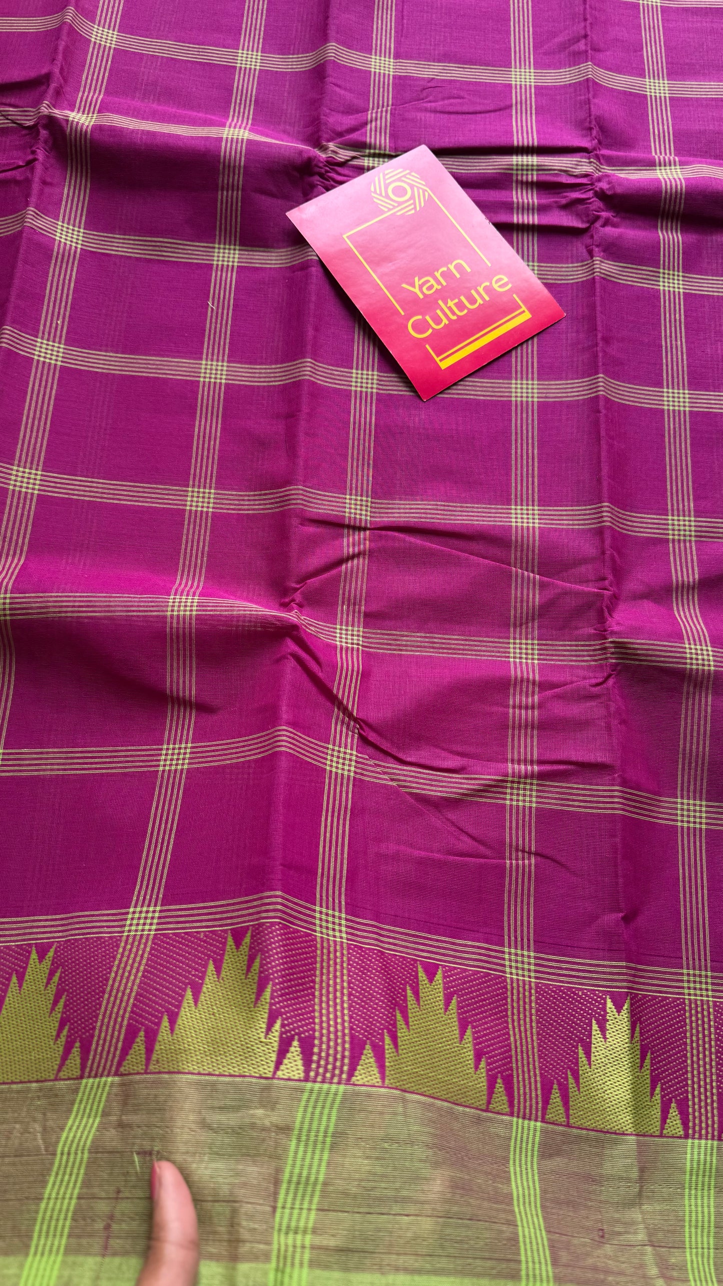 Chettinad cotton saree with magenta and lime green checks, temple motif border - YCCOTNAP69