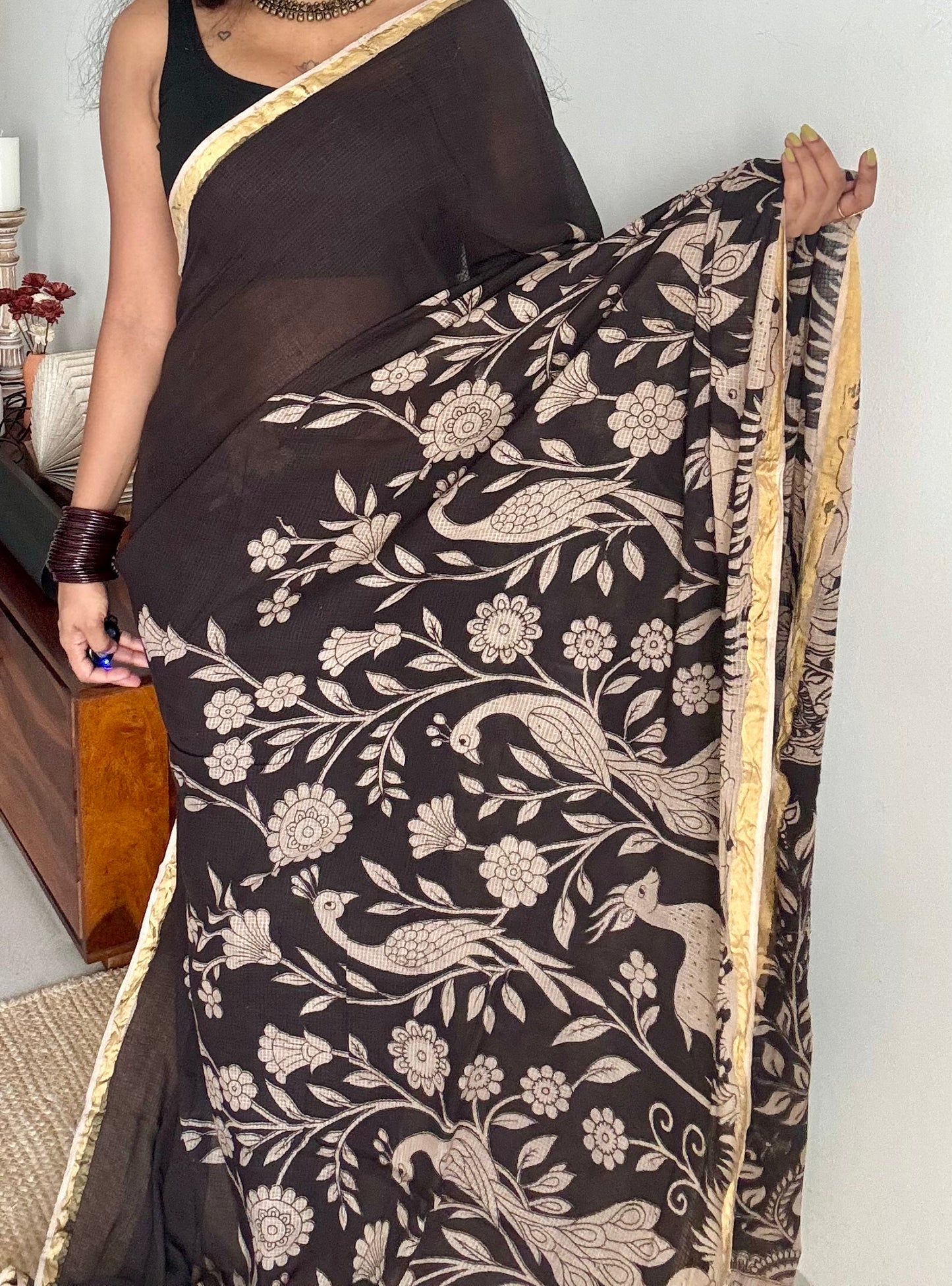 Black floral kalamkari saree in kota - YCWOTDMA356