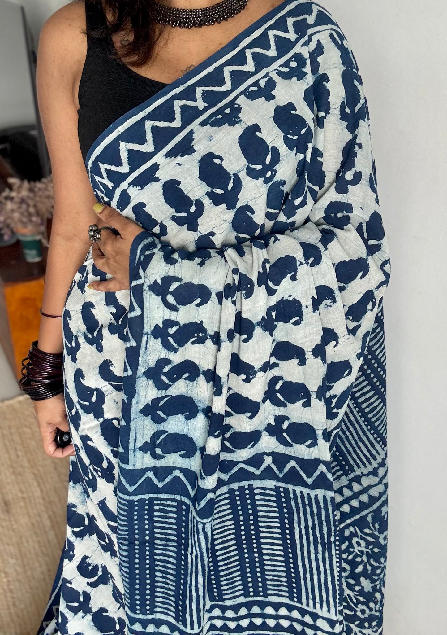 Nilaya - An abode of blue with indigo paisley motifs, block print, soft cotton - YCWOTDNOBP96