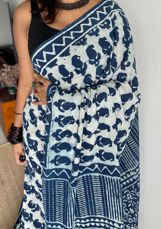 Nilaya - An abode of blue with indigo paisley motifs, block print, soft cotton - YCWOTDNOBP96