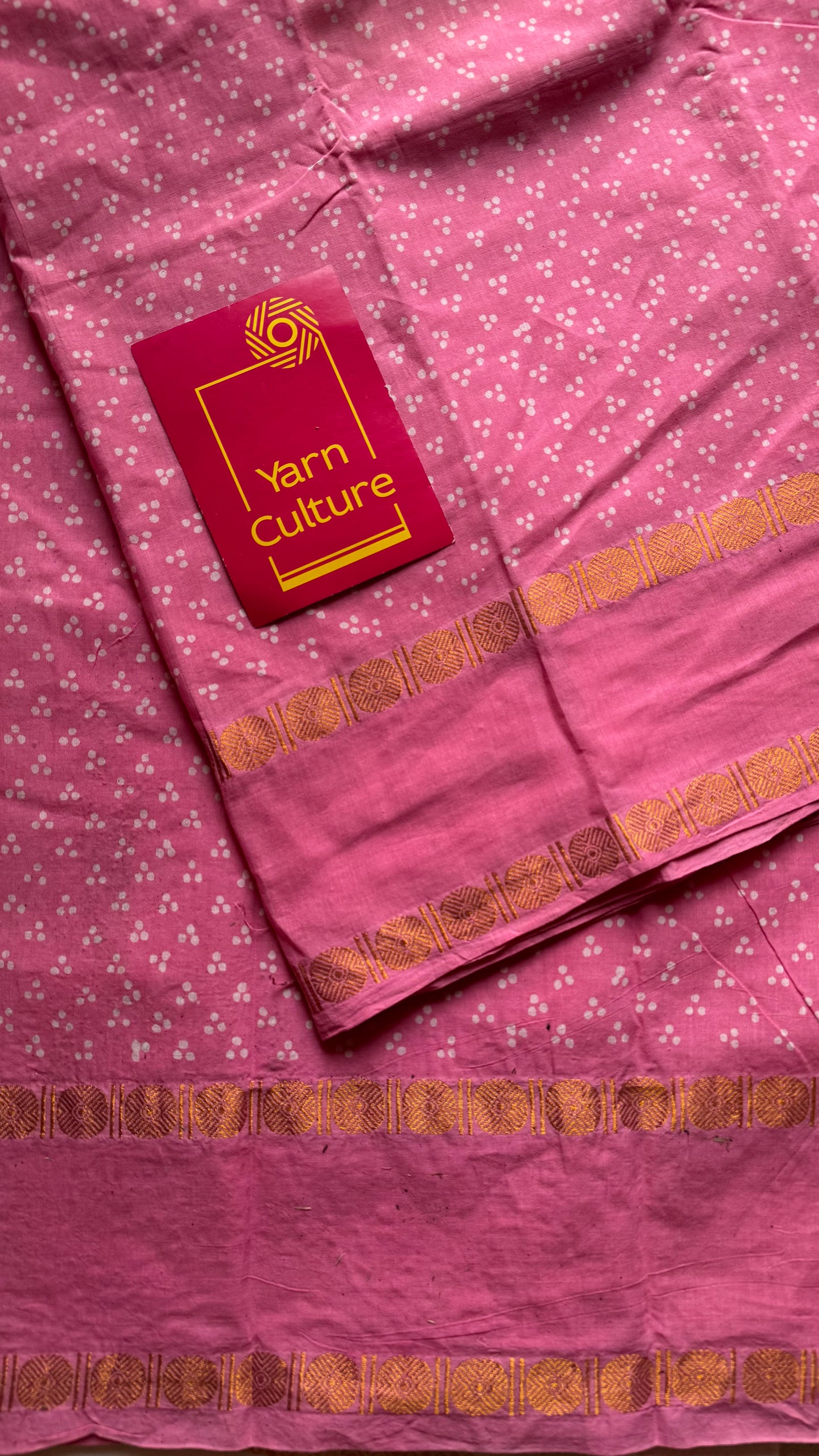 Pink wax dot printed sungudi, kattuchayam dyed madurai cotton saree - YCCOTNMA280