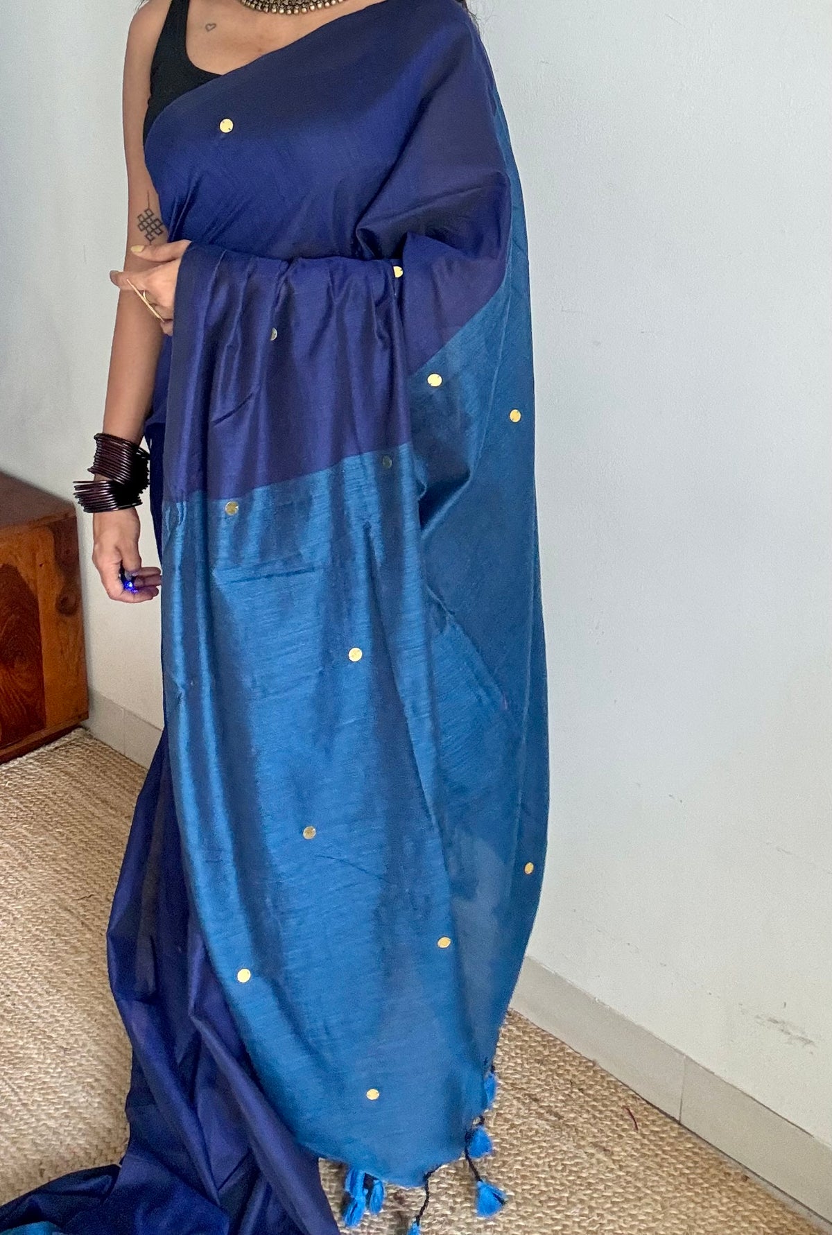 Dark blue with peacock blue contrast pallu, gini sequins, soft cotton saree - YCBCSCOC05